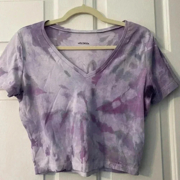 Wild Fable tie dye cropped v neck‎ t shirt white purple faded look size L - Picture 1 of 5
